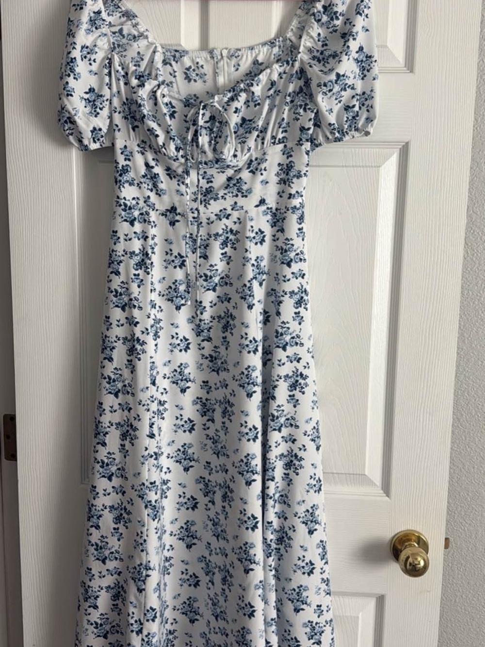 Blue Floral Maxi Dress with Puff Sleeves